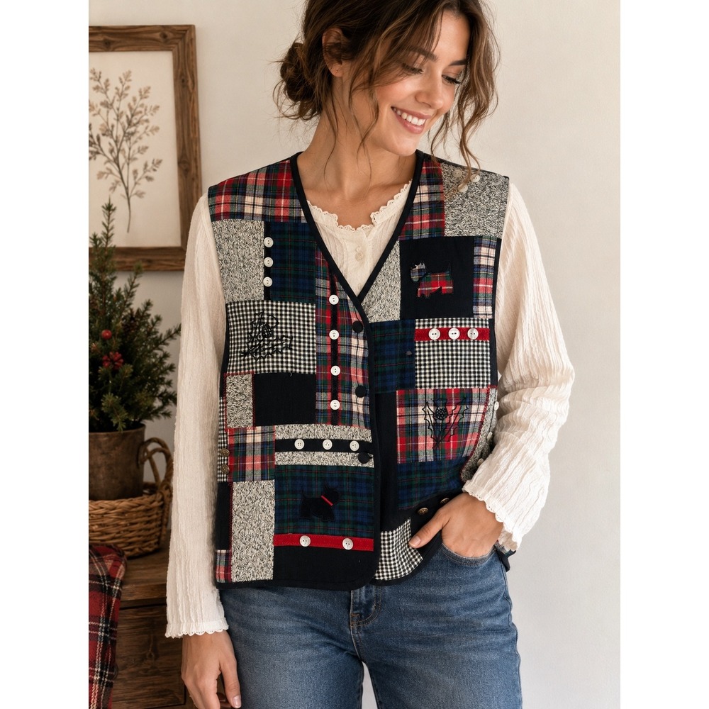 Susan Bristol Vintage New‎ Traditions Patchwork Scottie Dog Plaid Vest XL